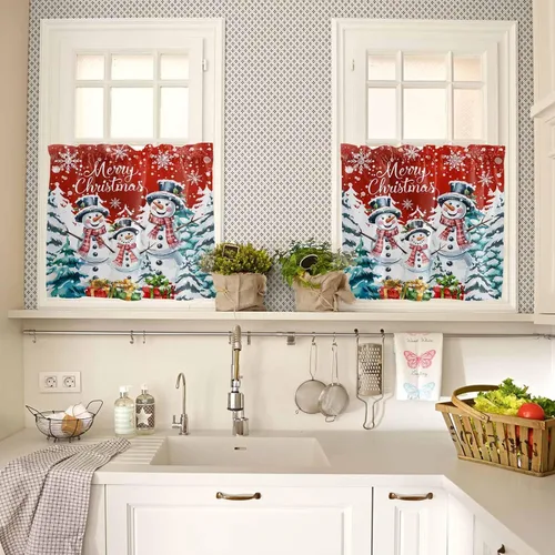 Vista 2 de 2 paneles de cortinas de Navidad con diseño de muñeco de nieve de 24 pulgadas de largo, cortinas de cocina con copos de nieve de invierno, cortinas
