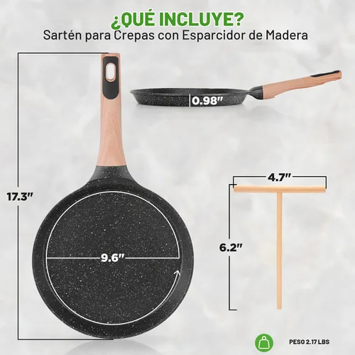 Vista 7 de NutriChef - Sartén para crepes de 24 cm (9.45 pulgadas) antiadherente con esparcidora de madera, sartén Dosa de mármol recubierto duradero, mango