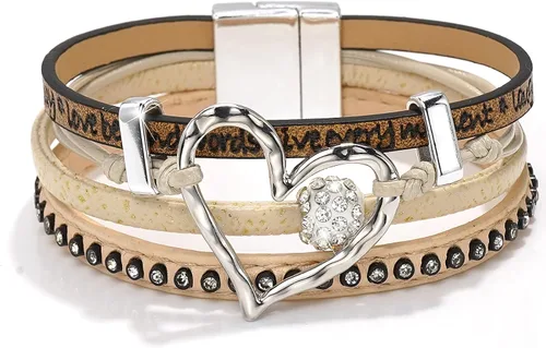 Vista 10 de Suyi Pulsera trenzada de cuero multicapa para mujer, con hebilla magnética Perla Caqui1