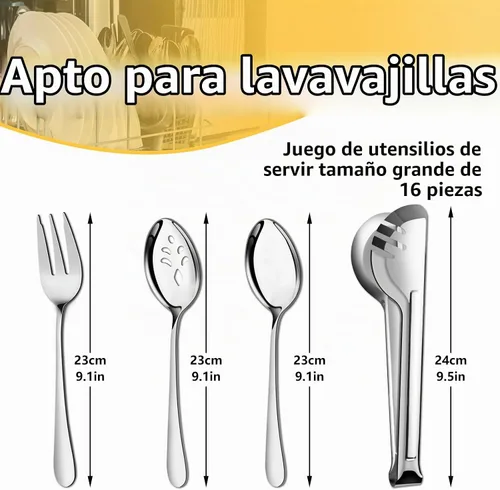 Vista 2 de Pleafind Juego de 16 utensilios de servir de acero inoxidable con cucharas de servir, cucharas de servir ranuradas, tenedores para servir y pinzas