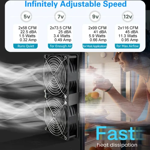 Vista 4 de GDSTIME 2X 4.724 in Ventilador de computadora con enchufe de CA Control de velocidad 110V-240V alimentado 240mm, Powerful Airlow, Dual Ball, for