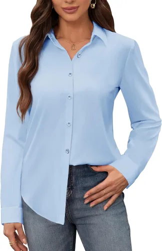 Vista 27 de Siliteelon - Camisas de vestir para mujer, a prueba de manchas, sin arrugas, de manga larga, sólidas, para trabajo y negocios, con botones