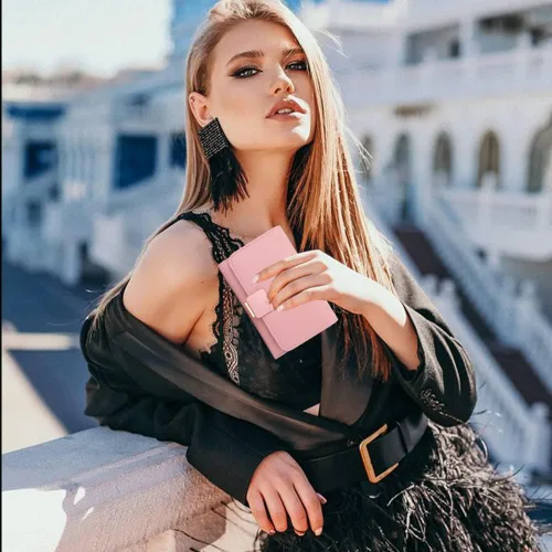 Vista 7 de Cartera pequeña para mujer, tarjetero de piel sintética, bloqueo RFID, con triple pliegue, sobre con cremallera, monedero, rosa ( B - Pink ), Moda