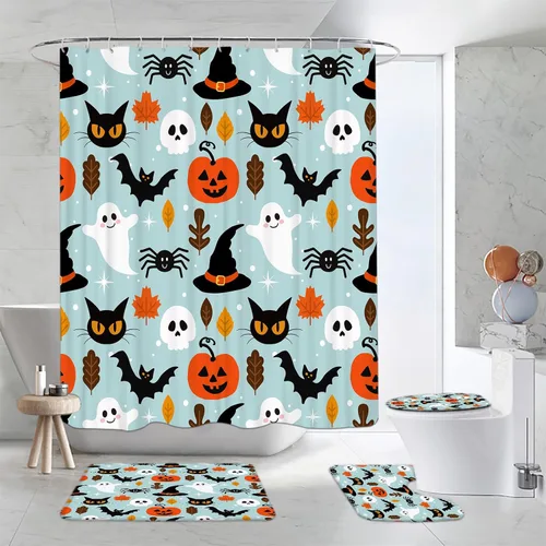 Vista 2 de 4PC Blue Halloween Shower Curtain Set Cute Ghost Horror Pumpkin Spooky Cat Scary Skull Bat Magic Witch Hat Gothic Spider Web Bath Rug with U-Shaped