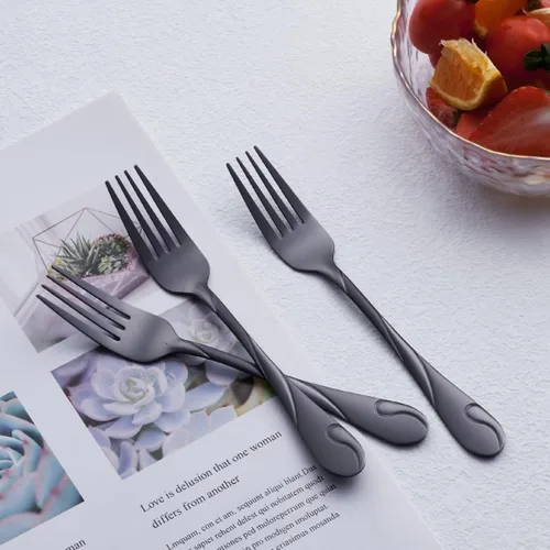 Vista 4 de Juego de 6 tenedores para ensalada de acero inoxidable de 6.9 pulgadas, tenedor de postre de metal negro brillante, tenedor pequeño para tartas