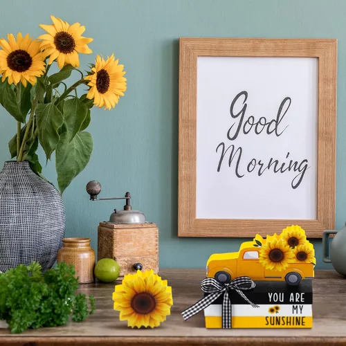 Vista 7 de Yookeer 5 piezas de girasoles para decoración de bandejas escalonadas, decoración de girasol, letrero de madera de verano, centro de mesa de sol