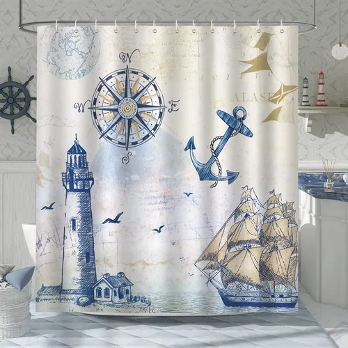 Vista 9 de Cortina de Ducha Bonhause Lighthouse, Decoración de Baño Náutica Costera con Velero y Brújula, 72 x 72 Pulgadas, Tela de Poliéster Impermeable