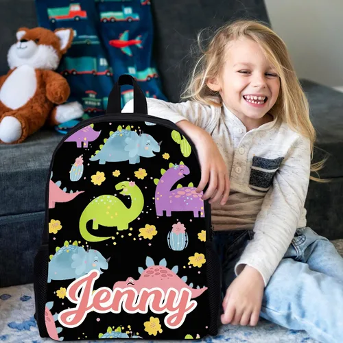 Vista 9 de Mochila personalizada para niños pequeños con nombre con foto personalizada para niños, mochila escolar de dinosaurio para niñas y niños