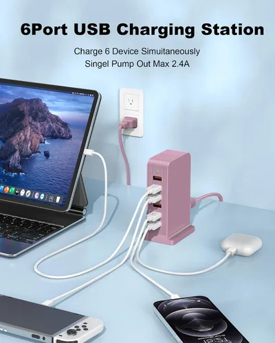 Vista 2 de Estación de carga USB C, concentrador de carga USB, torre de carga USB de 6 puertos para iPhone 15/14/13/12, iPad, Samsung Galaxy, Google Pixel, HTC