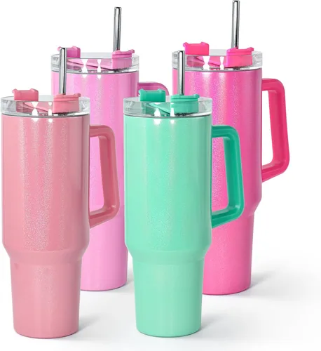 Vista 8 de AGH Paquete de 4 vasos de sublimación blancos con purpurina de 40 onzas con popote y tapa de acero inoxidable, vasos aislados al vacío de doble