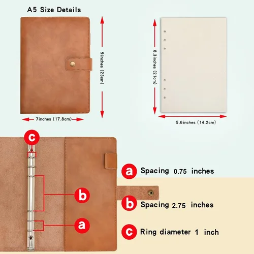 Vista 2 de WONDERPOOL Cuaderno de cuero recargable, cuaderno en espiral, carpeta de carpetas de diario A5 con puntos y bolsillos interiores para viajes, Marrón