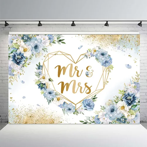 Vista 2 de MEHOFOND Telón de fondo de 7 x 5 pies para despedida de soltera, fondo floral azul y blanco, corazones geométricos para parejas, decoración