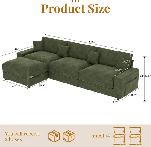 Vista 2 de WEUP Sofá modular en forma de L de 114 pulgadas, sofá nube de gran tamaño con otomana móvil, cómodo sofá de felpilla con almohada, bolsillos Verde