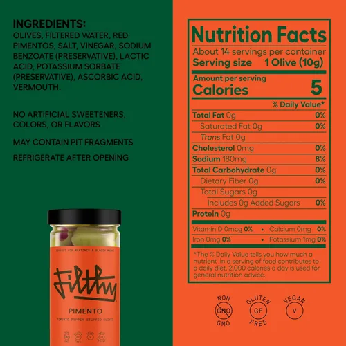 Vista 2 de Filthy Pimento - Aceitunas rellenas, guarnición de cóctel premium, tarro