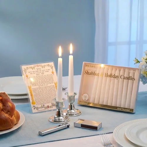 Vista 3 de Rite Lite Velas de Shabbat - 12 piezas - Empaquetadas en una hermosa caja con una tarjeta artística (blanco)
