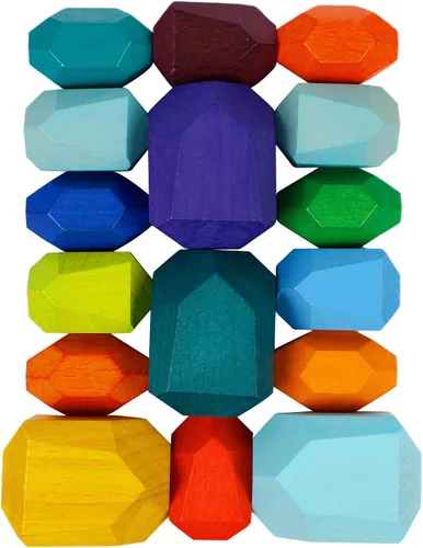 Vista 3 de Cllayees 16 piezas de bloques apilables de madera, rocas de construcción, piedras de madera maciza de colores, juegos educativos preescolares