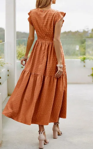 Vista 5 de Angashion Vestido largo de verano para mujer, casual, cuello redondo, manga casquillo, lunares suizos, plisado, liso, largo, vestido skater