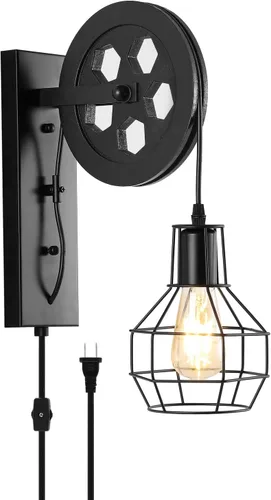 Vista 11 de 1 Luminaria Industrial de Mediados de Siglo Retro de Hierro para Pared con Polea Elevadora, Lámpara de Pared que Presenta Pantalla de Jaula
