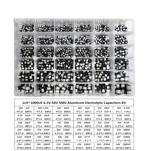 Vista 2 de 1500pcs Lote 1UF-1000UF 6.3V-50V 36 Valor SMD Aluminio Electrolíticos Capacitores Surtido Kit con Caja