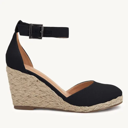 Vista 3 de Alpargatas de punta cerrada para mujer, zapatos de plataforma con tacón y correa de tobillo y hebilla