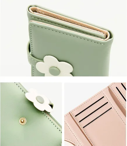 Vista 5 de LJCZKA Bonita cartera pequeña para niñas y mujeres, bloqueo RFID, piel sintética, tres plegadas, bolsillo para efectivo con tarjetero y billetera