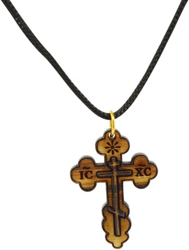 Vista 3 de Collar ortodoxo con cruz de madera de olivo de San Nicolás del Este en bolsa de algodón, certificado de Belén, collar de cruz de madera para hombres