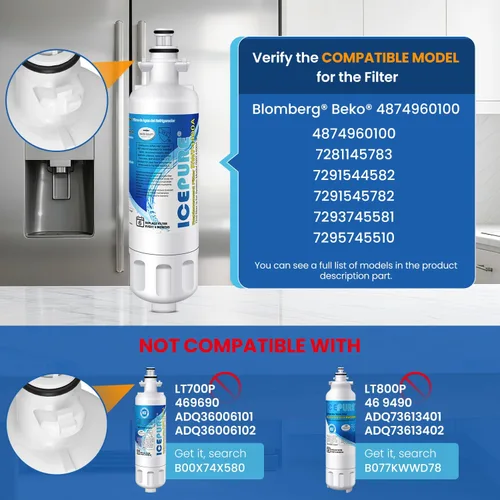 Vista 2 de ICEPURE 4874960100 Filtro de agua de repuesto para refrigerador Blomberg Beko 4874960100, certificación NSF/ANSI 42, reduce el sabor y el olor