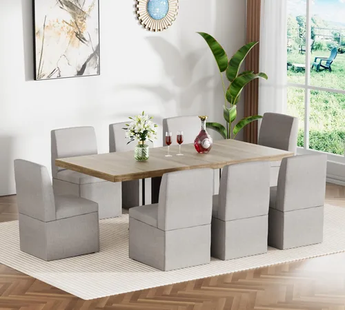 Vista 8 de Juego de mesa de comedor extensible para mesa de cocina extensible de 4, 5 piezas y 4 sillas de almacenamiento ocultas de lino tapizadas de madera