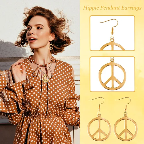 Vista 3 de Peace Sign Necklace Earrings Set for Women Hippie Costume Accessories 60s 70s Jewelry Outfits Halloween Party Favors