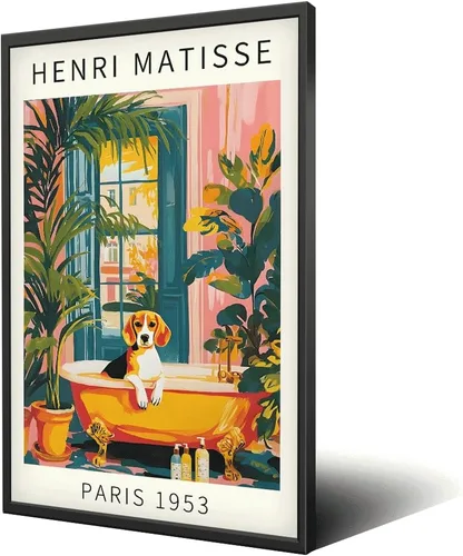 Vista 15 de Divertido perro baño pared arte Henri Matisse habitación estética retro rosa decoración Dachshund en la bañera lienzo pintura impresión obras