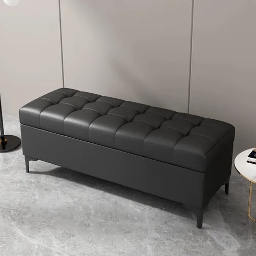 Vista 8 de Tufted Leather Storage Bench End of Bed Upholstered Entryway Ottoman Chest Café claro