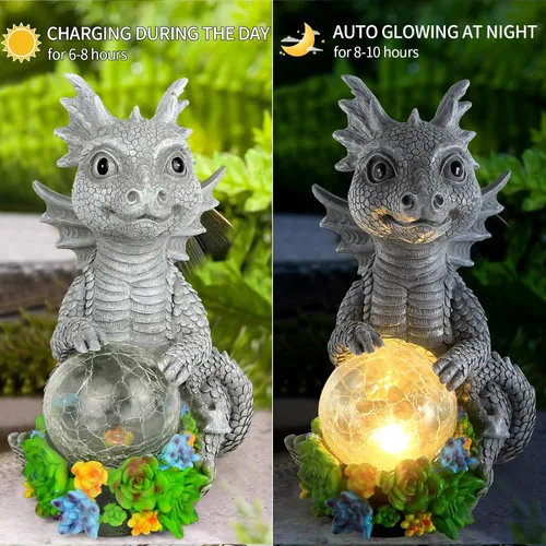Vista 4 de Estatuas solares de jardín al aire libre, dragón sosteniendo orbe mágico con luces LED solares, decoración de césped al aire libre para patio