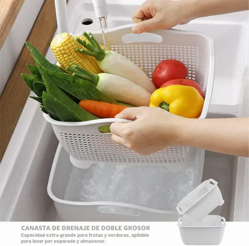 Vista 7 de Cesta de drenaje de doble capa, cesta de plástico para lavar frutas, verduras, cesta de almacenamiento de alimentos, fregadero apilable de verduras