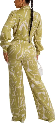 Vista 2 de DinyIn Women's Casual Sexy 2 Pieces Outfits Lantern Sleeve Button Up Shirt Blouses Top Long Pants Clubwear Party Set
