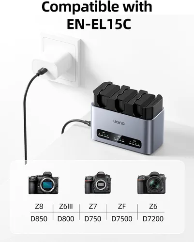 Vista 4 de llano Paquete de 3 baterías EN-EL15C y cargador rápido de 30 W para Nikon Z8, ZR, Z7II, Z5II, ZF, Z6III, D850, Z7, Z6II, Z6, D7500, D750, cuerpo