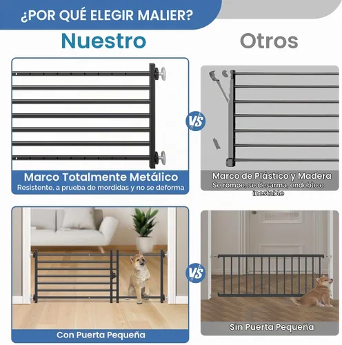 Vista 2 de Malier Puerta de interior para perros con puerta, puerta extra ancha de metal para mascotas, puerta corta para perros para escaleras, montaje a Negro