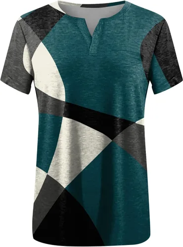 Vista 3 de Blusa para mujer de manga corta con cuello en V y bolsillo, camiseta de verano con estampado de flores, casual, holgada, acampanada, tallas grandes