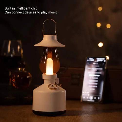 Vista 3 de Lámparas de mesa retro con altavoz Bluetooth, lámpara de noche de música vintage, altavoz Bluetooth de mano con luz de vela regulable, efecto