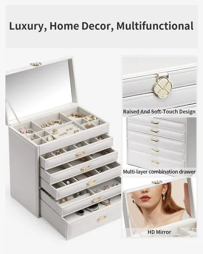 Vista 4 de Vlando Organizador grande de joyero, organizador de joyas de 6 capas, de piel sintética, collar y aretes, almacenamiento para mujeres, Navidad, Año