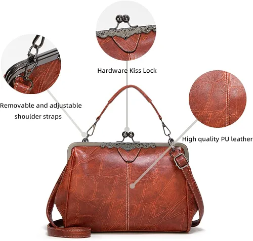 Vista 6 de ROUROU Bolso hueco retro para las mujeres de cuero de la PU bolso de embrague de noche bolso de embrague Kiss Lock cierre Crossbody bolso