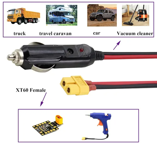 Vista 7 de Paquete de 2 cables 16AWG XT60 a encendedor de cigarrillos, enchufe macho de 12 V a XT60 hembra, cable de extensión compatible con cable de carga