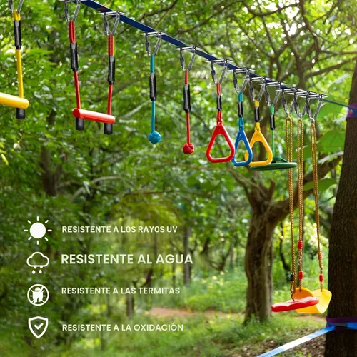 Vista 2 de Ninja Warrior - Carrera de obstáculos para patio trasero de niños, kit de línea floja de 65 pies con 13 obstáculos, hebillas de instalación rápida