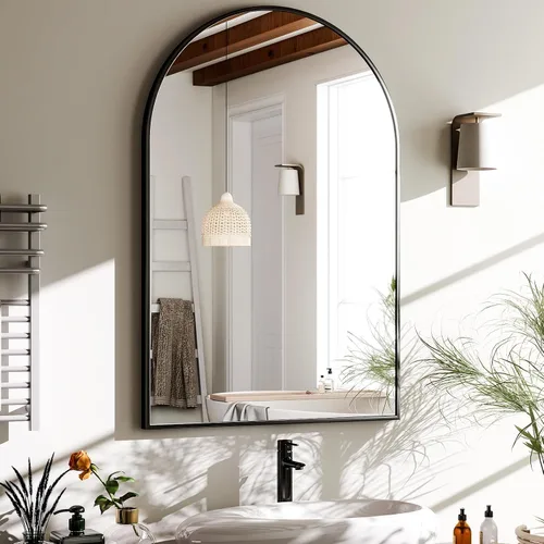 Vista 10 de HARRITPURE - Espejo de baño arqueado de 16 x 24 pulgadas, espejo negro montado en la pared, espejo arqueado negro, con marco de aleación de aluminio