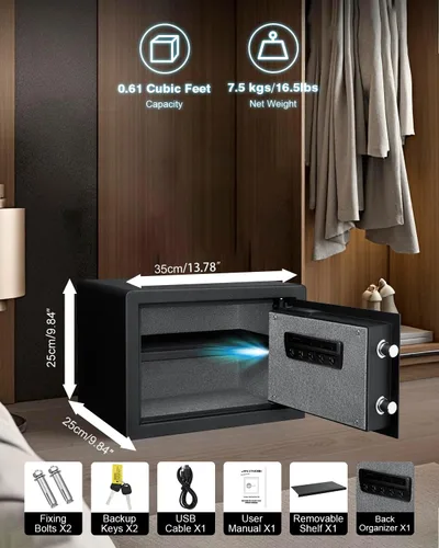 Vista 2 de Jinxnobi Caja de seguridad pequeña biométrica con candado, 0.78 pies cúbicos, caja de seguridad de estante removible de acceso rápido con escáner