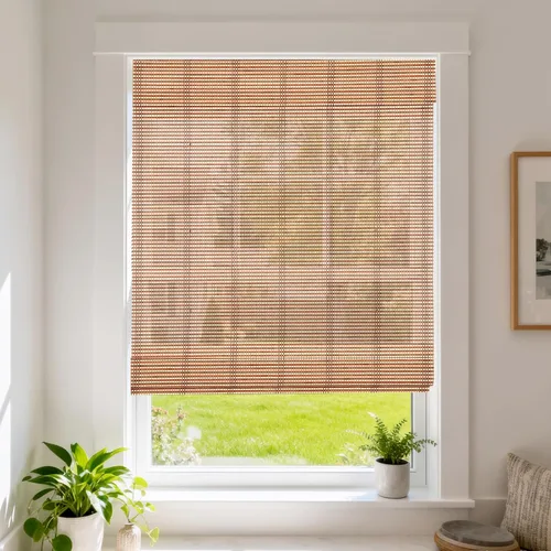 Vista 14 de Cortinas Letau de madera, estilo romano, para ventanas, con cenefa, filtran la luz Marrón almendra