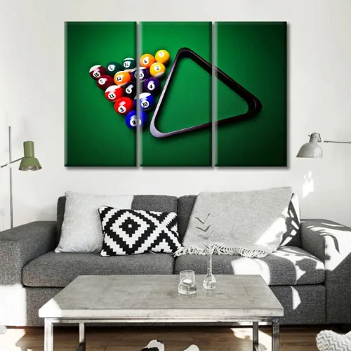Vista 4 de TUMOVO 3 paneles de juegos de billar y entretenimiento, arte de pared en blanco y negro, arte deportivo moderno, decoración de pared para sala