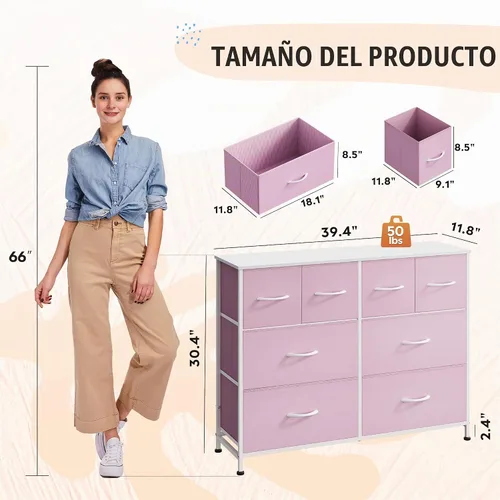 Vista 3 de WLIVE Cómoda de 8 cajones para dormitorio, cómoda ancha, rosa nublado