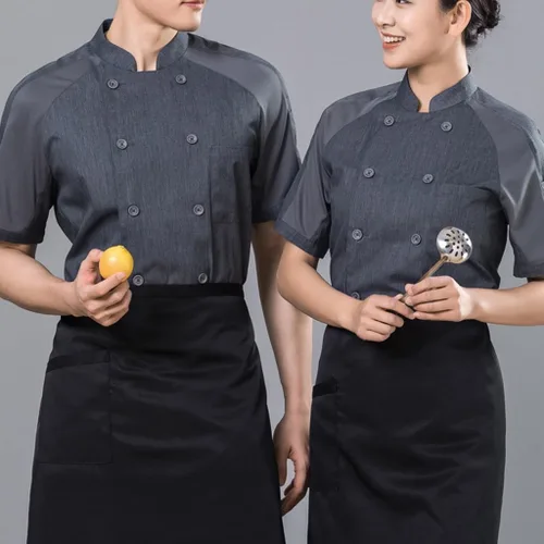 Vista 5 de Abrigos de chef unisex de manga corta, uniforme de chef de trabajo, con bolsillo, chaqueta de cocina con cierre de botón