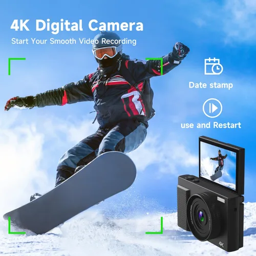 Vista 9 de Cámara digital 4K para fotografía, cámara de video vlogging de 64MP para YouTube con pantalla giratoria de 3'' 180°, tarjeta Micro SD de 64GB, zoom