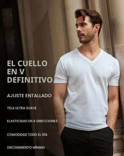 Vista 5 de Camiseta de manga corta con cuello en V para hombre, de algodón suave Sin marca - Blanco
